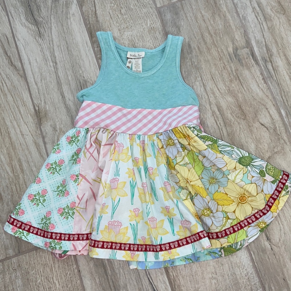 Matilda Jane Baby Girls 2T Flare Dress Pink Checks Blue Pencils Flowers